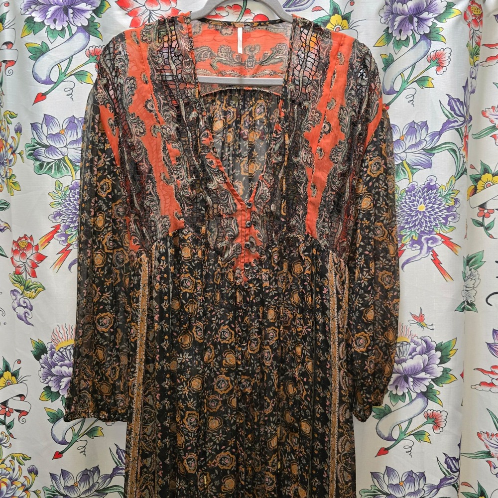 Free People Boho Paisley Floral Sheer Maxi Dress Orange Black Long Sleeve XS